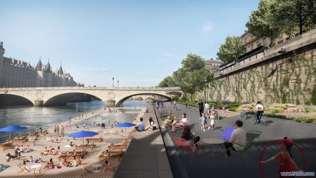 Paris' urban renewal campaign, titled "Reinventing Paris," includes making the Seine clean enough to host the 2024 Olympic triathletes. A photo rendering shows just what this would look like.